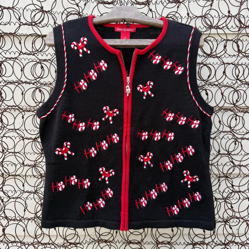 Vintage Y2K Ugly Christmas Sweater Vest Embroidered Candy Cane Peppermints M